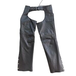 90's Vintage Leather Chaps Medium Black Biker Motorcycle Riding Pants Belted
